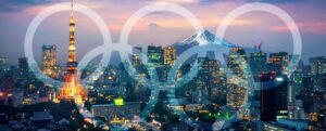 Header stock image of olympics logo superposed over city skyline